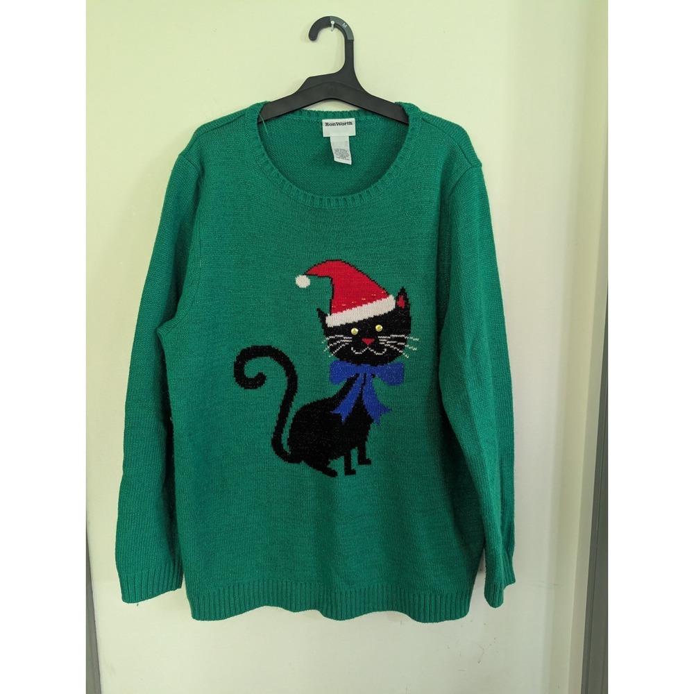Vintage Bonworth Novelty Christmas Cat Lady Sweater Black Kitty Green Eyes   L